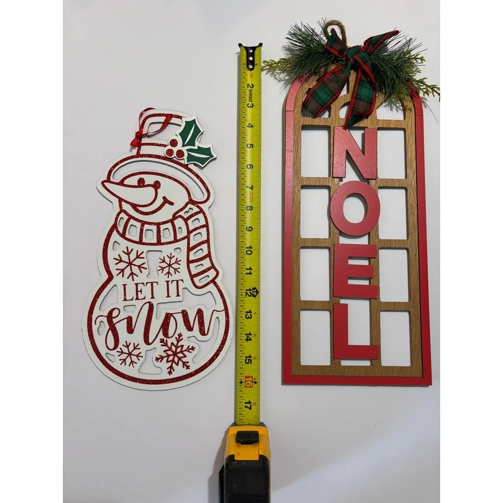 Christmas Wall Decor Set Let It Snow Snowman and Noel Wooden Plaque Signs Red